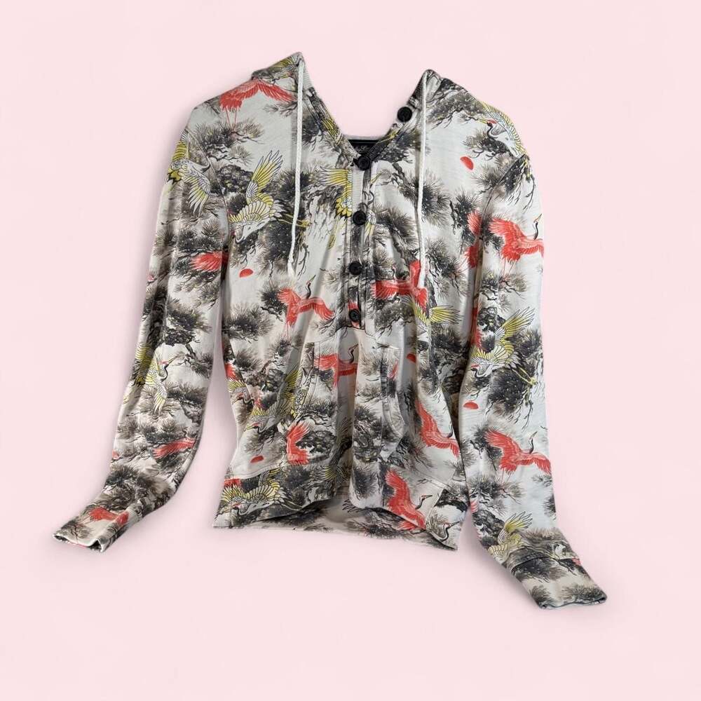 Lucky Brand Japanese Crane Bonsai Tree Print Button Hoodie Sweatshirt